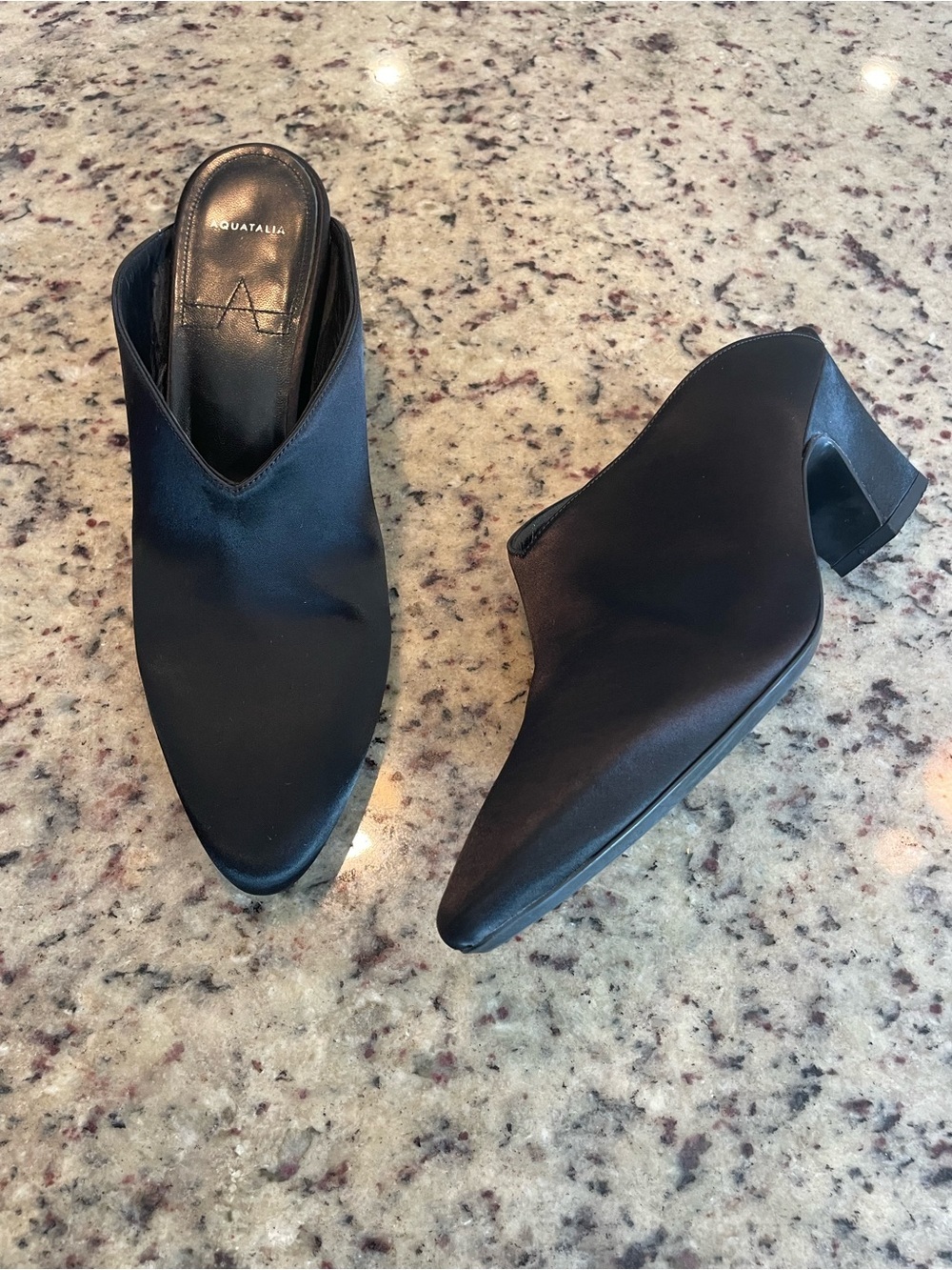 Aquatalia Black Satin Pointed-Toe Mule 3”Heels 8.5
